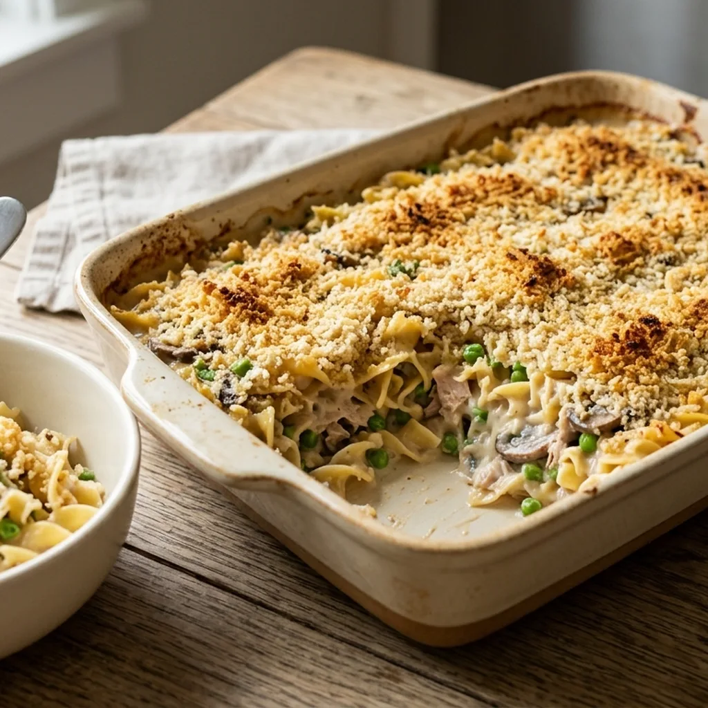 Tuna Noodle Casserole with Breadcrumb Topping — American recipe